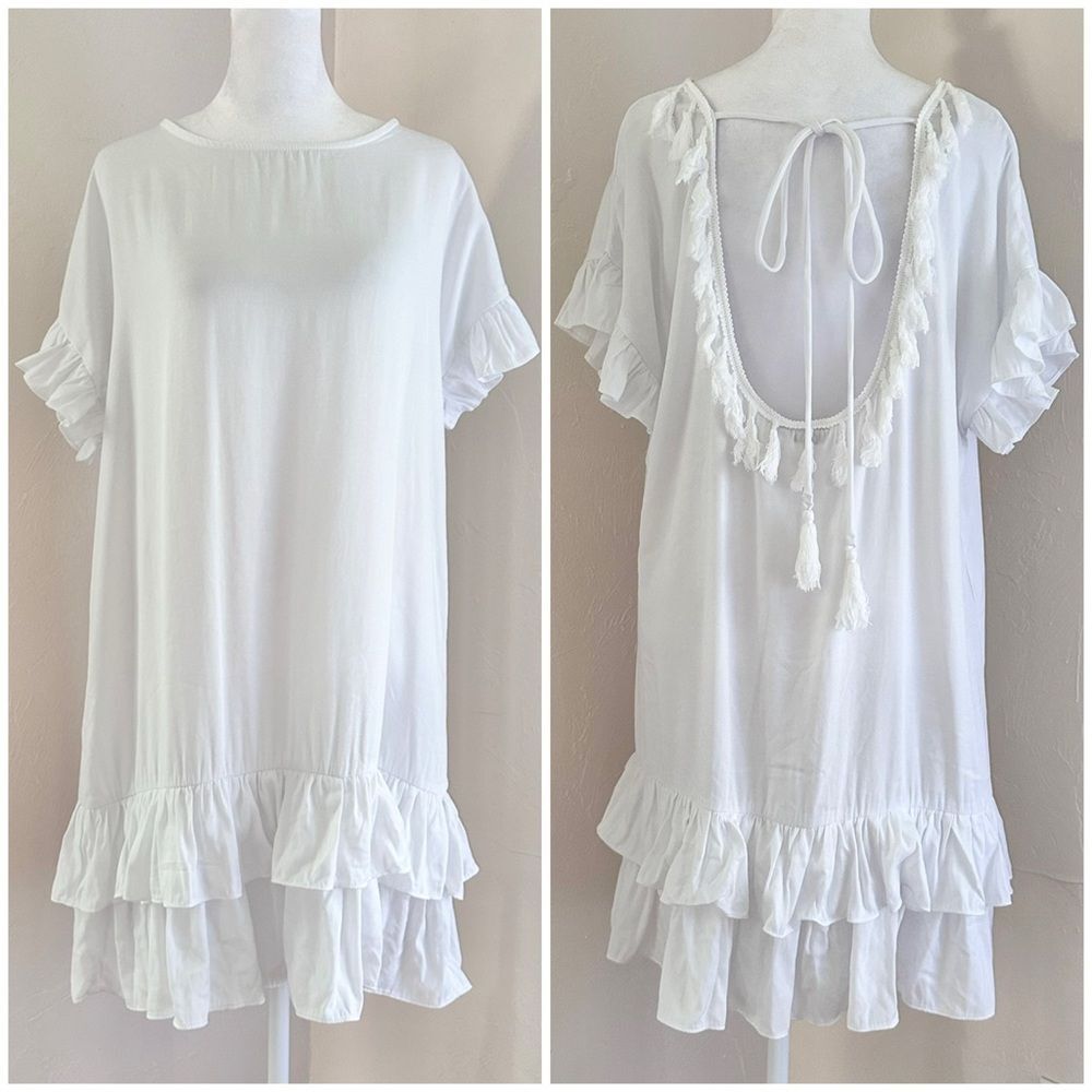 Mulla Open Back Fringe White Boho Ruffle Hem Dress Size S